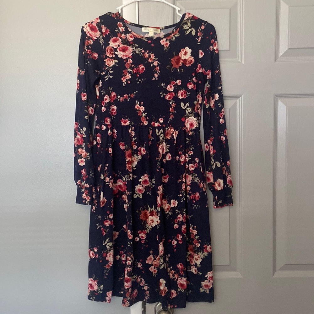 navy blue floral long sleeve dress with pockets